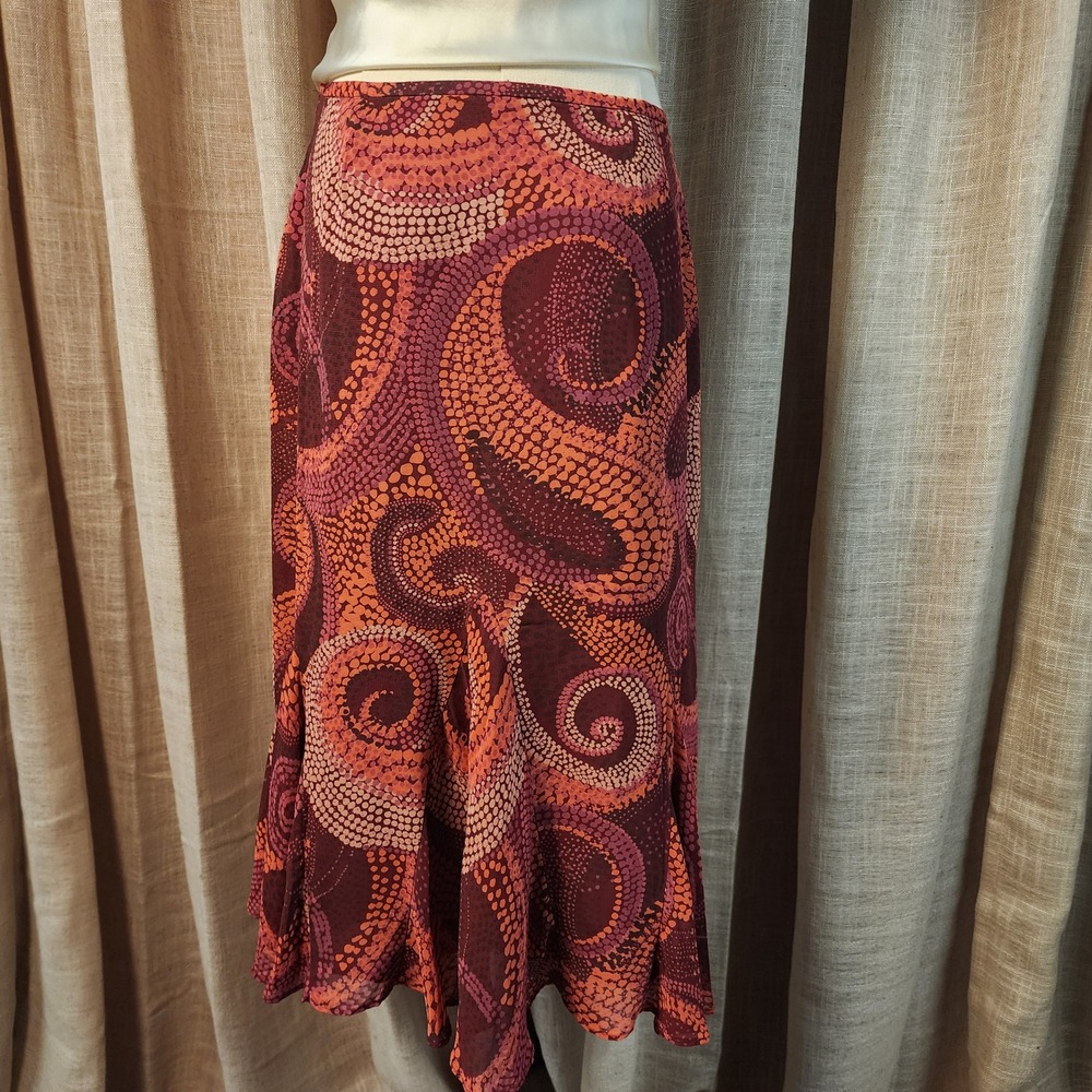 Abstract Swirl Print Midi Skirt Size M Burgundy Orange Flared Ruffle